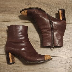 Dries Van Noten Brown Leather Ankle Boots With Yellow Snakeskin